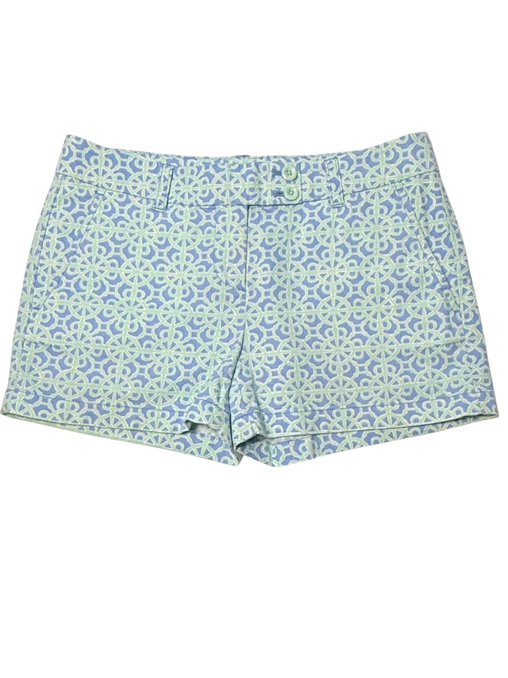 Vineyard Vines Women's 2 Railing Print Dayboat Shorts Blue Green Ship Wheel 3”
